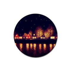 Night Houses River Bokeh Leaves Rubber Coaster (round) by Ravend