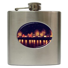 Night Houses River Bokeh Leaves Hip Flask (6 Oz) by Ravend