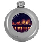 Night Houses River Bokeh Leaves Round Hip Flask (5 oz) Front