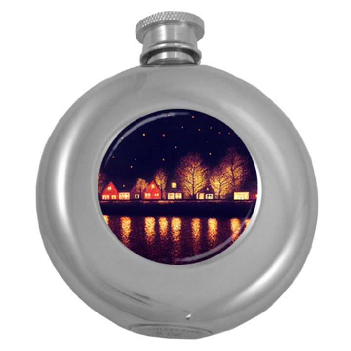 Night Houses River Bokeh Leaves Round Hip Flask (5 oz)