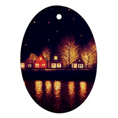 Night Houses River Bokeh Leaves Oval Ornament (two Sides) by Ravend