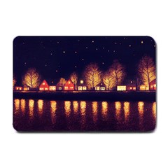 Night Houses River Bokeh Leaves Small Doormat by Ravend