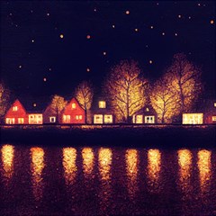 Night Houses River Bokeh Leaves Play Mat (square) by Ravend