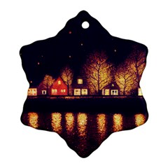 Night Houses River Bokeh Leaves Snowflake Ornament (two Sides) by Ravend