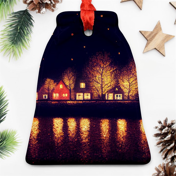 Night Houses River Bokeh Leaves Bell Ornament (Two Sides)