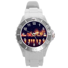 Night Houses River Bokeh Leaves Round Plastic Sport Watch (l) by Ravend