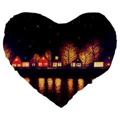 Night Houses River Bokeh Leaves Large 19  Premium Heart Shape Cushions by Ravend