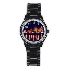 Night Houses River Bokeh Leaves Stainless Steel Round Watch by Ravend