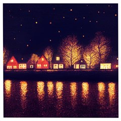 Night Houses River Bokeh Leaves Wooden Puzzle Square by Ravend