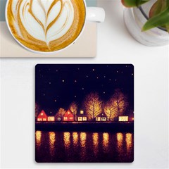 Night Houses River Bokeh Leaves Uv Print Square Tile Coaster  by Ravend