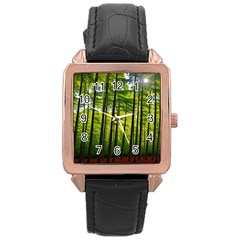 Green Forest Jungle Trees Nature Sunny Rose Gold Leather Watch  by Ravend