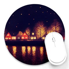 Night Houses River Bokeh Leaves Landscape Nature Round Mousepad by Ravend