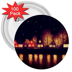 Night Houses River Bokeh Leaves Landscape Nature 3  Buttons (100 Pack)  by Ravend