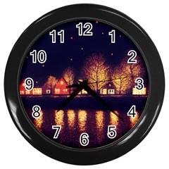 Night Houses River Bokeh Leaves Landscape Nature Wall Clock (black) by Ravend