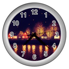 Night Houses River Bokeh Leaves Landscape Nature Wall Clock (silver) by Ravend