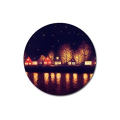 Night Houses River Bokeh Leaves Landscape Nature Magnet 3  (round) by Ravend