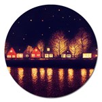 Night Houses River Bokeh Leaves Landscape Nature Magnet 5  (Round) Front