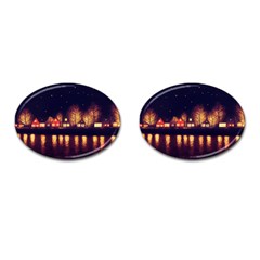 Night Houses River Bokeh Leaves Landscape Nature Cufflinks (oval) by Ravend