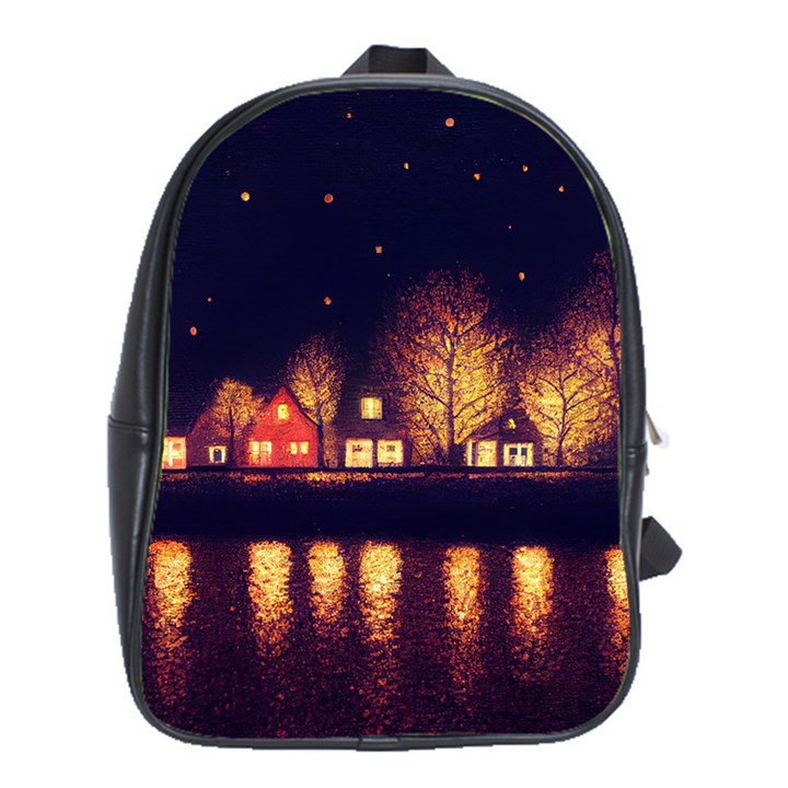 Night Houses River Bokeh Leaves Landscape Nature School Bag (Large)