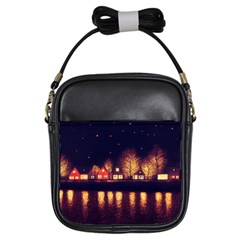 Night Houses River Bokeh Leaves Landscape Nature Girls Sling Bag by Ravend