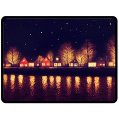 Night Houses River Bokeh Leaves Landscape Nature One Side Fleece Blanket (large) by Ravend