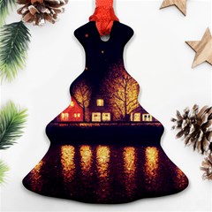 Night Houses River Bokeh Leaves Landscape Nature Ornament (christmas Tree)  by Ravend