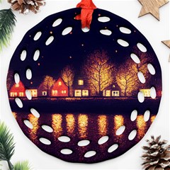 Night Houses River Bokeh Leaves Landscape Nature Round Filigree Ornament (two Sides) by Ravend