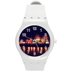 Night Houses River Bokeh Leaves Landscape Nature Round Plastic Sport Watch (m) by Ravend