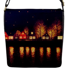 Night Houses River Bokeh Leaves Landscape Nature Flap Closure Messenger Bag (s) by Ravend