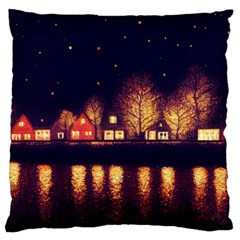 Night Houses River Bokeh Leaves Landscape Nature Large Premium Plush Fleece Cushion Case (one Side) by Ravend