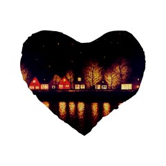 Night Houses River Bokeh Leaves Landscape Nature Standard 16  Premium Flano Heart Shape Cushions by Ravend