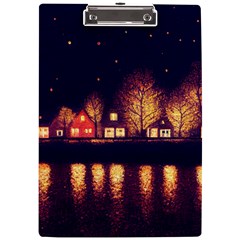 Night Houses River Bokeh Leaves Landscape Nature A4 Acrylic Clipboard by Ravend