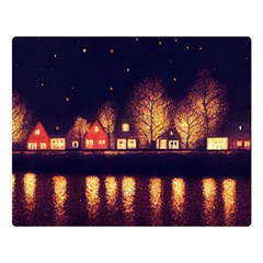 Night Houses River Bokeh Leaves Landscape Nature One Side Premium Plush Fleece Blanket (large) by Ravend