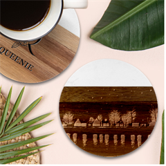 Night Houses River Bokeh Leaves Landscape Nature Marble Wood Coaster (round) by Ravend