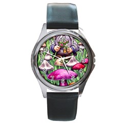 Sacred Mushroom Wizard Glamour Round Metal Watch by GardenOfOphir