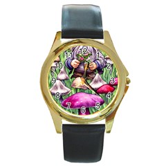 Sacred Mushroom Wizard Glamour Round Gold Metal Watch by GardenOfOphir