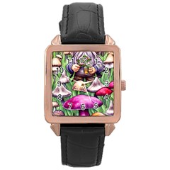 Sacred Mushroom Wizard Glamour Rose Gold Leather Watch  by GardenOfOphir