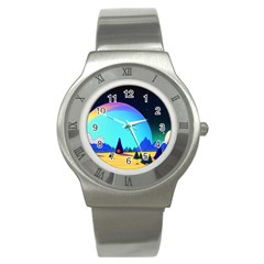 Ai Generated Trees Stars Planets Dreamlike Sun Stainless Steel Watch by Ravend