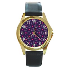 Geometric Pattern Retro Style Background Round Gold Metal Watch by Ravend