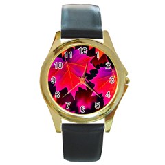 Leaves Purple Autumn Evening Sun Abstract Round Gold Metal Watch by Ravend