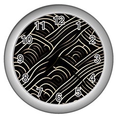 Black Coconut Color Wavy Lines Waves Abstract Wall Clock (silver) by Ravend