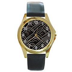 Black Coconut Color Wavy Lines Waves Abstract Round Gold Metal Watch by Ravend