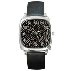 Black Coconut Color Wavy Lines Waves Abstract Square Metal Watch by Ravend