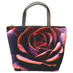 Purple Flower Rose Flower Black Background Bucket Bag by Ravend