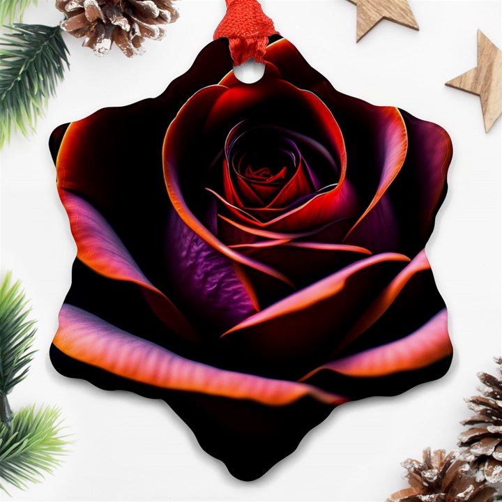 Purple Flower Rose Flower Black Background Snowflake Ornament (Two Sides)