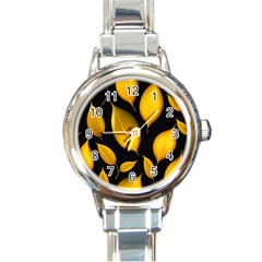 Leaves Foliage Pattern Metallic Gold Background Round Italian Charm Watch by Ravend