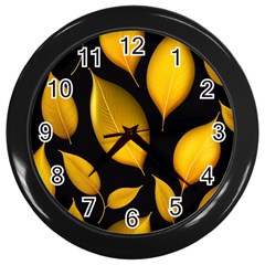 Leaves Foliage Pattern Metallic Gold Background Wall Clock (black) by Ravend