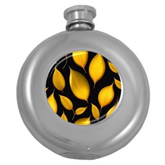 Leaves Foliage Pattern Metallic Gold Background Round Hip Flask (5 Oz) by Ravend