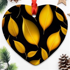 Leaves Foliage Pattern Metallic Gold Background Heart Ornament (two Sides) by Ravend