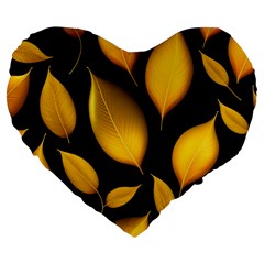 Leaves Foliage Pattern Metallic Gold Background Large 19  Premium Heart Shape Cushions by Ravend